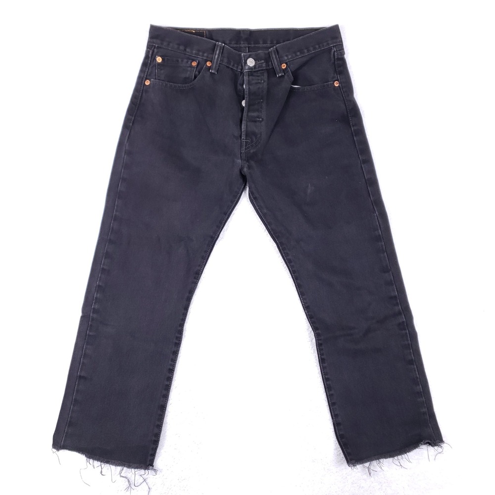 Levi's 501 Original Crop Jeans Women 30 Black Raw Hem Button Fly Mom Jean Grunge